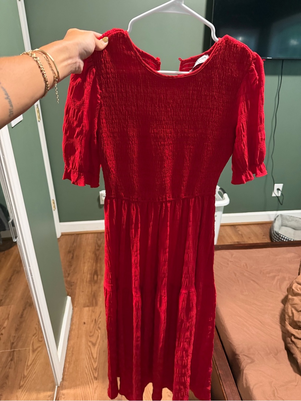 Women’s Red Smocked Midi Dress with Puff Sleeves